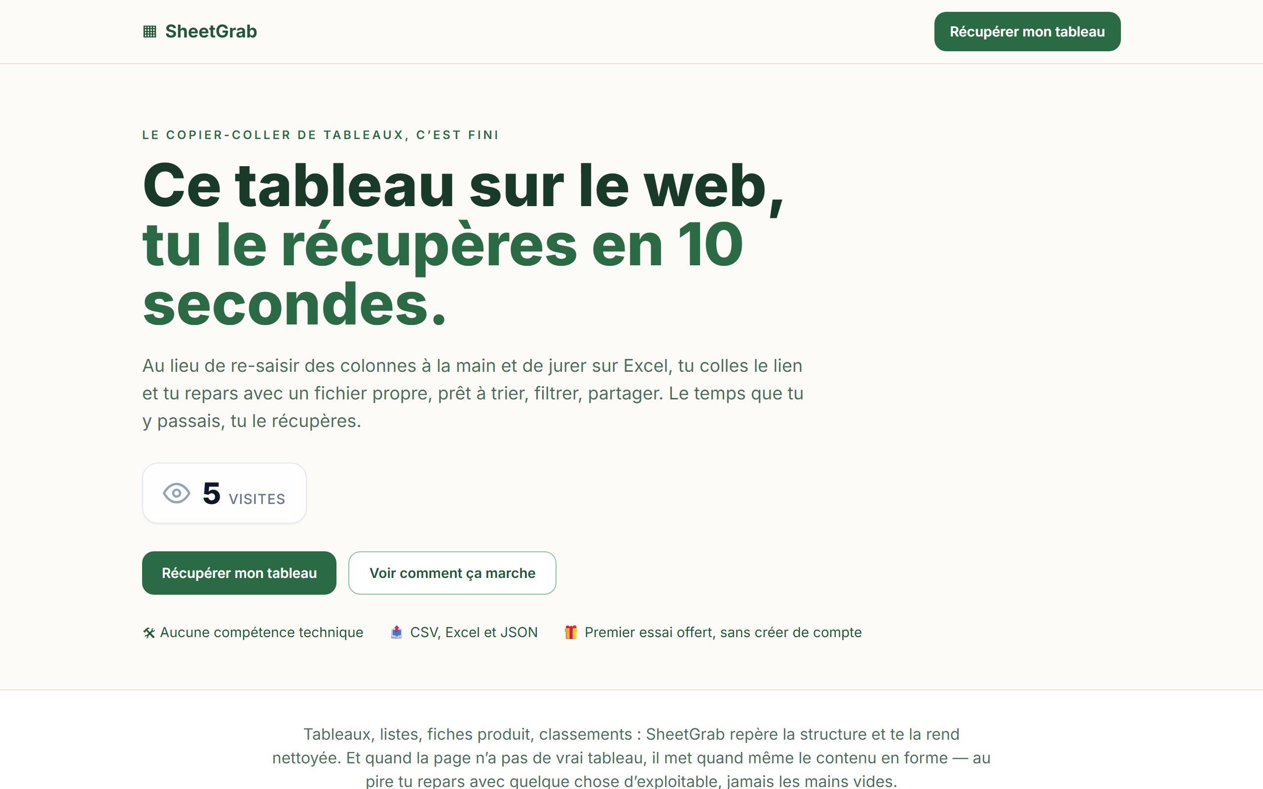 Aperçu de l’interface de SheetGrab